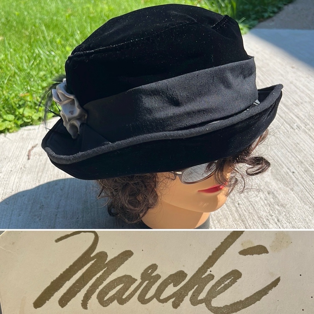 🪶VINTAGE VELVET CLOCHE HAT by Marche | Adornment & Feather with Marche Hat Box